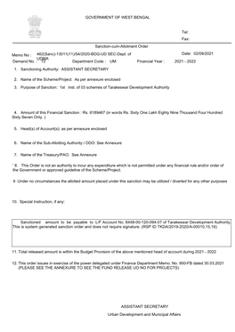 Sanctioned Amount to Be Payable to L/F Account No. 8448-00-120-094-07 of Tarakeswar Development Authority