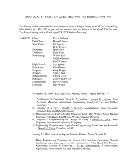 Asae Quad City Section Activities: 1969-1970 Through 1978-1979