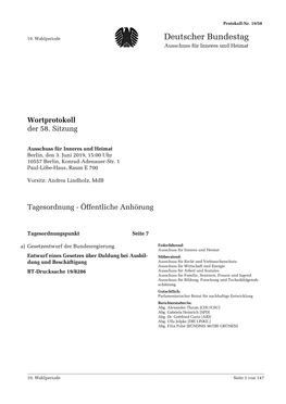 Wortprotokoll Der 58. Sitzung Tagesordnung