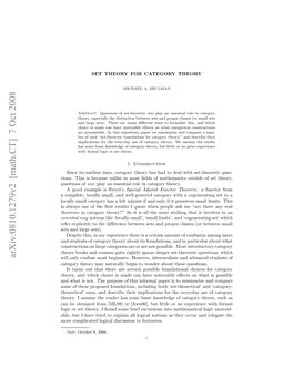 SET THEORY for CATEGORY THEORY 3 the Category Is Well-Powered, Meaning That Each Object Has Only a Set of Iso- Morphism Classes of Subobjects