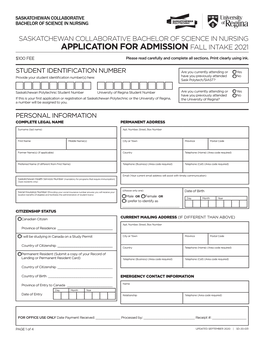 Application for Admission Fall Intake 2021