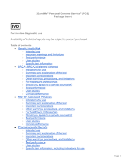 23Andme® Personal Genome Service® (PGS) Package Insert for In-Vitro