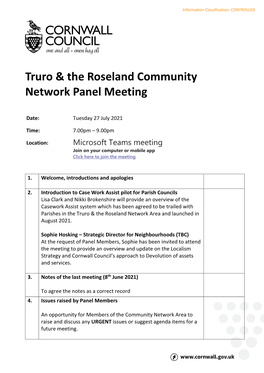 Agenda Truro Roseland Community Network Panel Meeting 27 July 2021