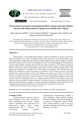 Post-Treatment Assessment of Praziquantel Efficacy Among School-Age Children Infected with Schistosomiasis in Ipogun Area of Ondo State, Nigeria