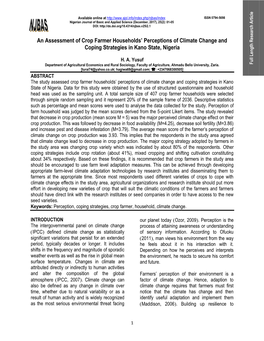 An Assessment of Crop Farmer Households' Perceptions of Climate Change and Coping Strategies in Kano State, Nigeria