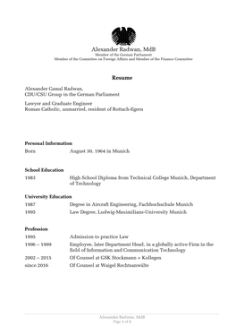 Alexander Radwan, Mdb Resume