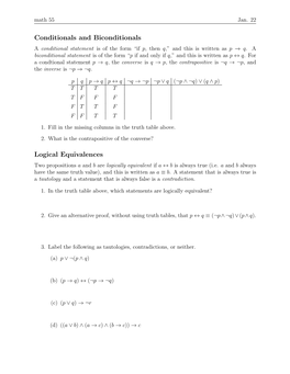 Conditionals and Biconditionals Logical Equivalences