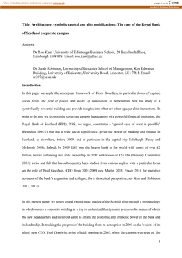 Title: Architecture, Symbolic Capital and Elite Mobilizations: the Case of the Royal Bank of Scotland Corporate Campus Authors