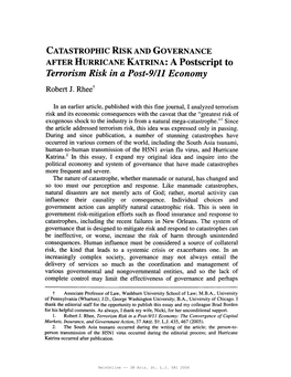 CATASTROPHIC RISK and GOVERNANCE AFTER HURRICANE KATRINA: a Postscript to Terrorism Risk in a Post-9/JJ Economy Robert J