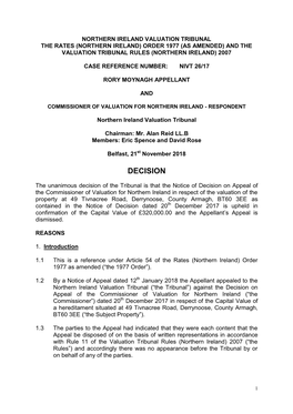 Northern Ireland Valuation Tribunal the Rates (Northern Ireland) Order 1977 (As Amended) and the Valuation Tribunal Rules (Northern Ireland) 2007