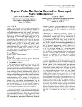 Support Vector Machine for Handwritten Devanagari Numeral Recognition Shailedra Kumar Shrivastava Sanjay S