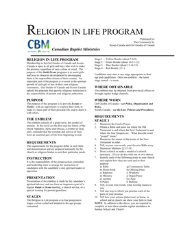 RELIGION in LIFE PROGRAM Published for the Community by Scouts Canada and Girl Guides of Canada Canadian Baptist Ministries