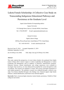 Lakota Female Scholarship: a Collective Case Study on Transcending Indigenous Educational Pathways and Persistence at the Graduate Level