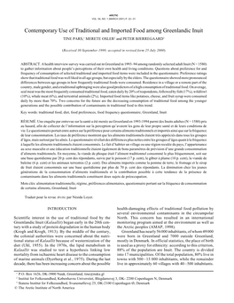 Contemporary Use of Traditional and Imported Food Among Greenlandic Inuit TINE PARS,1 MERETE OSLER2 and PETER BJERREGAARD3