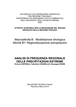 Modellazione Idrologica Attività B1: Regionalizzazione Precipitazioni