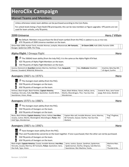 Heroclix Campaign Marvel Teams and Members Unless Otherwise Noted, Team Abilities Can Be Purchased According to the Core Rules