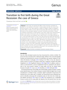 Transition to First Birth During the Great Recession: the Case of Greece Charalampos Dantis and Ester Lucia Rizzi*