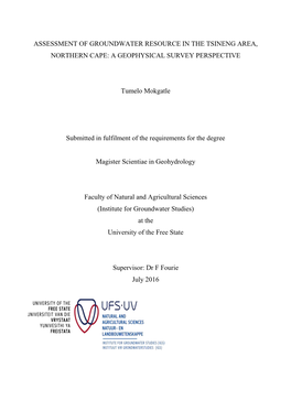 Assessment of Groundwater Resource in the Tsineng Area, Northern Cape: a Geophysical Survey Perspective