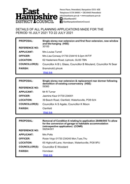 Details of All Planning Applications Made for the Period 16 July 2021 to 22 July 2021