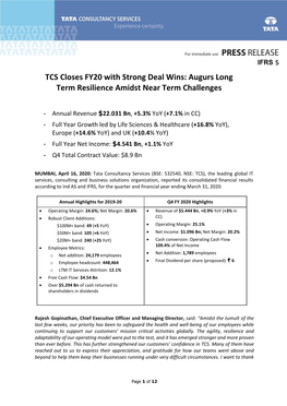 TCS Closes FY20 with Strong Deal Wins: Augurs Long Term Resilience Amidst Near Term Challenges