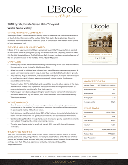 2018 Syrah Estate Seven Hills Tech Sheet