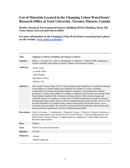 List of Materials Located in the Changing Urban Waterfronts' Research Office at York University, Toronto, Ontario, Canada