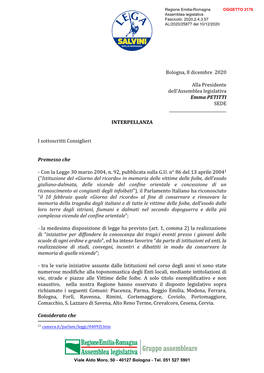 Regione Emilia-Romagna OGGETTO 2176 Assemblea Legislativa Fascicolo: 2020.2.4.3.57 AL/2020/25877 Del 10/12/2020