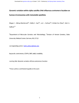 Genomic Variation Within Alpha Satellite DNA Influences Centromere Location on Human Chromosomes with Metastable Epialleles