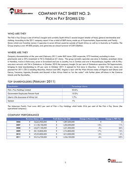 Company Fact Sheet No. 2: Pick N Pay Stores Ltd