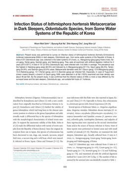 Infection Status of Isthmiophora Hortensis Metacercariae in Dark Sleepers, Odontobutis Species, from Some Water Systems of the Republic of Korea