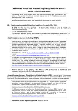 Healthcare Associated Infection Reporting Template (HAIRT) Section 1 – Board Wide Issues