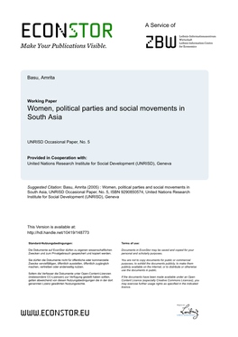 Women, Political Parties and Social Movements in South Asia