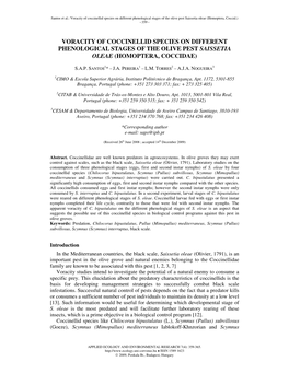 Voracity of Coccinellid Species on Different Phenological Stages of the Olive Pest Saissetia Oleae (Homoptera, Coccid.) - 359