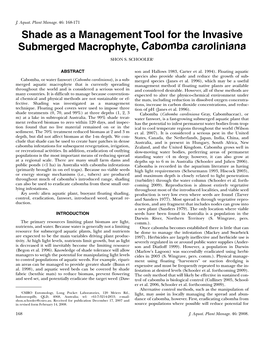 Shade As a Management Tool for the Invasive Submerged Macrophyte, Cabomba Caroliniana