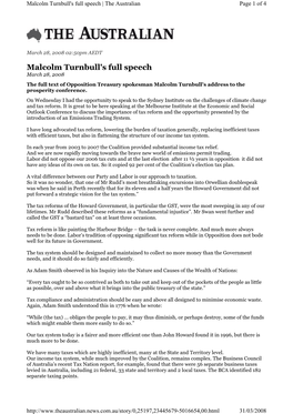 Malcolm Turnbull's Full Speech | the Australian Page 1 of 4