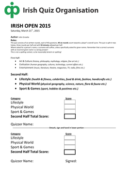 IRISH OPEN 2015 Saturday, March 21St , 2015