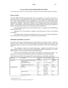 EVALUATION of PESTICIDE RESIDUES in SPICES First Draft Prepared by Prof