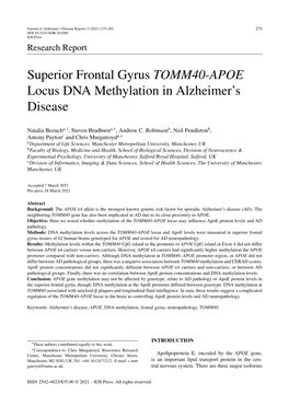 Superior Frontal Gyrus TOMM40-APOE Locus DNA Methylation in Alzheimer’S Disease