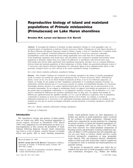 Reproductive Biology of Island and Mainland Populations of Primula Mistassinica (Primulaceae) on Lake Huron Shorelines