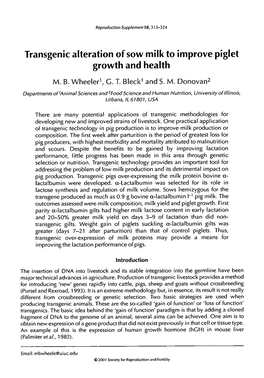 Transgenicalteration of Sow Milk to Improve Piglet Growth and Health