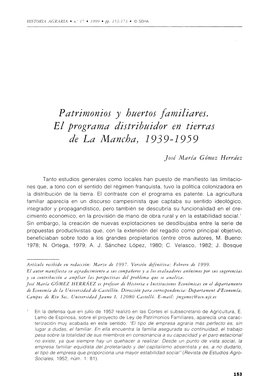 Patrimonios Y Huertos Familiares. El Programa Distribuidor En Tierras De La Mancha} 1939-1959