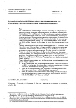 Lnterpellation Schmid (SP) Betreffend Machbarkeitsstudie Zur Erarbeitung Der Vor- Und Nachteile Einer Gemeindefusion