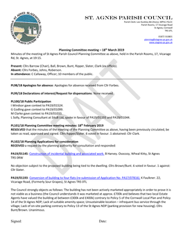 St. Agnes Parish Council Parish Clerk: Lee Dunkley BA (Hons), Mphil, FSLCC Parish Rooms, 17 Vicarage Road St Agnes, Cornwall TR5 0TL