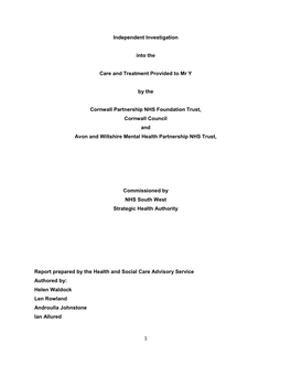 1 Independent Investigation Into the Care and Treatment Provided to Mr Y by the Cornwall Partnership NHS Foundation Trust, Cornw