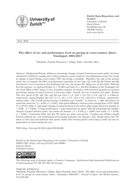 The Effect of Sex and Performance Level on Pacing in Cross-Country Skiers: Vasaloppet 2004‐2017