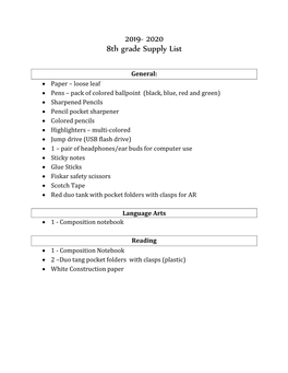 2019- 2020 8Th Grade Supply List