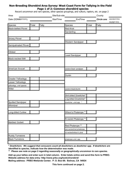 Common Shorebird Species Record Uncommon and Rare Species, Other Species Groupings, and Vulture, Raptors, Etc