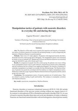 Manipulation Tactics of Patients with Neurotic Disorders in Everyday Life and During Therapy