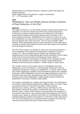 Metabolicity: How Can Design Nurture Amateur Cultures of Food Production in the City?