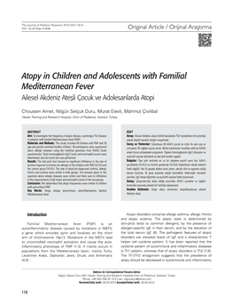 Atopy in Children and Adolescents with Familial Mediterranean Fever Ailesel Akdeniz Ateşli Çocuk Ve Adolesanlarda Atopi